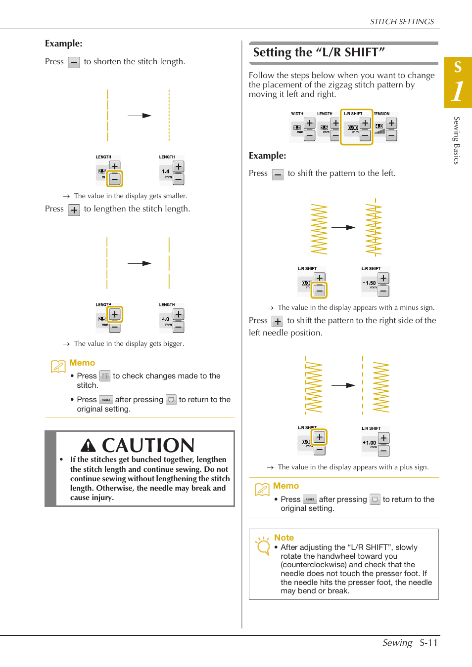 Caution, Setting the “l/r shift | Baby Lock Crescendo (BLCR) Instruction and Reference Guide User Manual | Page 85 / 216