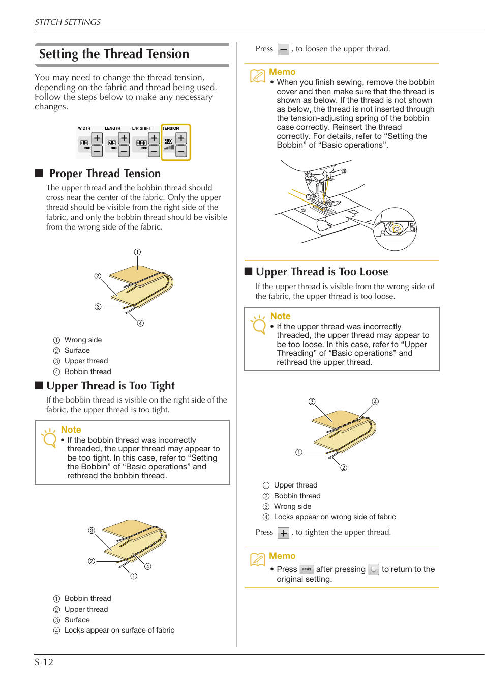Setting the thread tension, Proper thread tension, Upper thread is too tight | Upper thread is too loose | Baby Lock Crescendo (BLCR) Instruction and Reference Guide User Manual | Page 86 / 216
