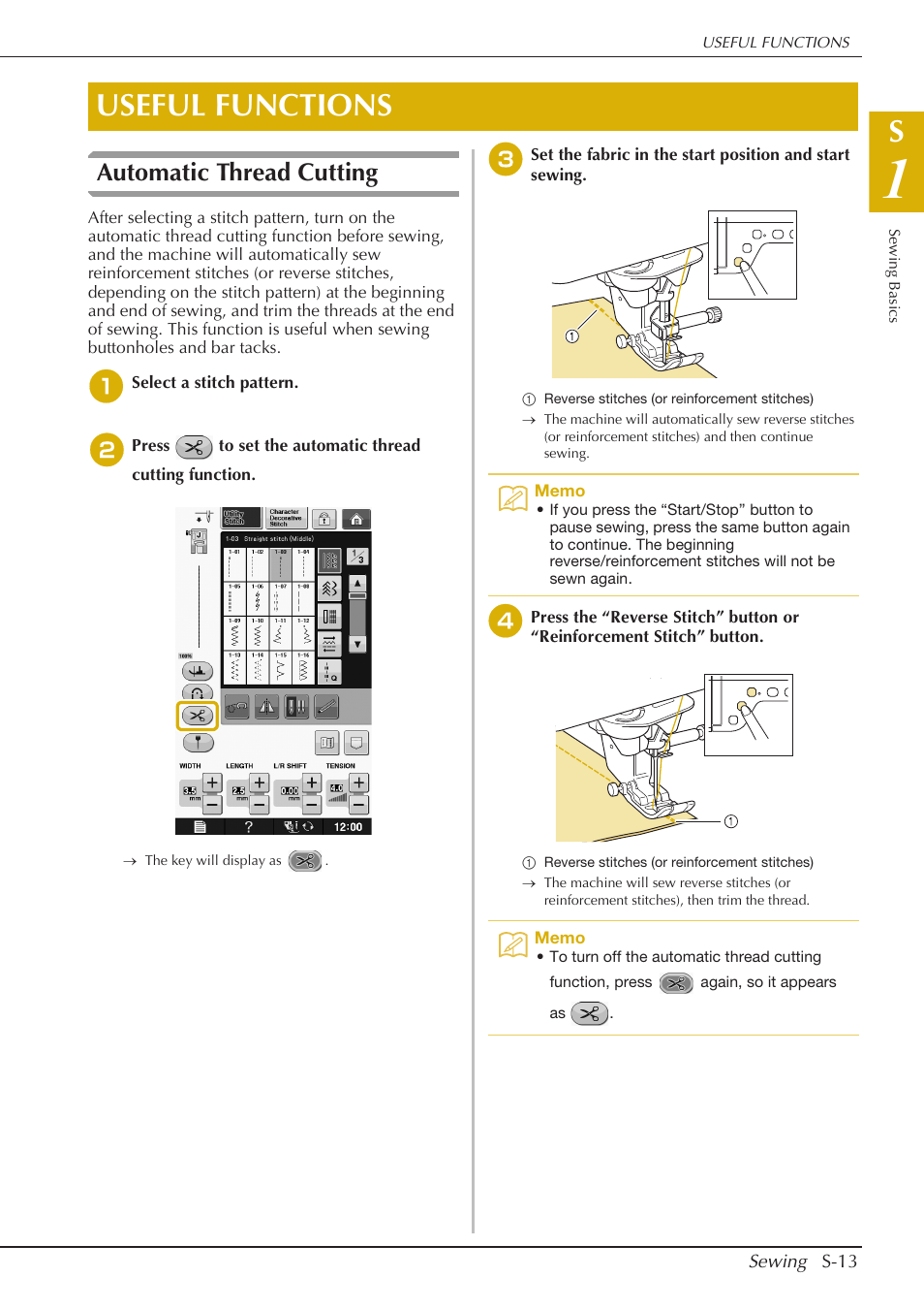 Useful functions, Automatic thread cutting | Baby Lock Crescendo (BLCR) Instruction and Reference Guide User Manual | Page 87 / 216