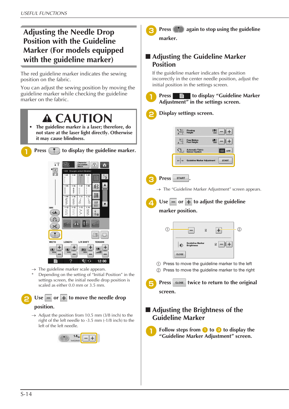 Caution, Adjusting the guideline marker position, Adjusting the brightness of the guideline marker | Baby Lock Crescendo (BLCR) Instruction and Reference Guide User Manual | Page 88 / 216