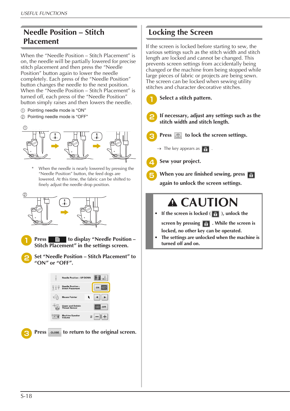 Caution, Needle position – stitch placement, Locking the screen | Baby Lock Crescendo (BLCR) Instruction and Reference Guide User Manual | Page 92 / 216