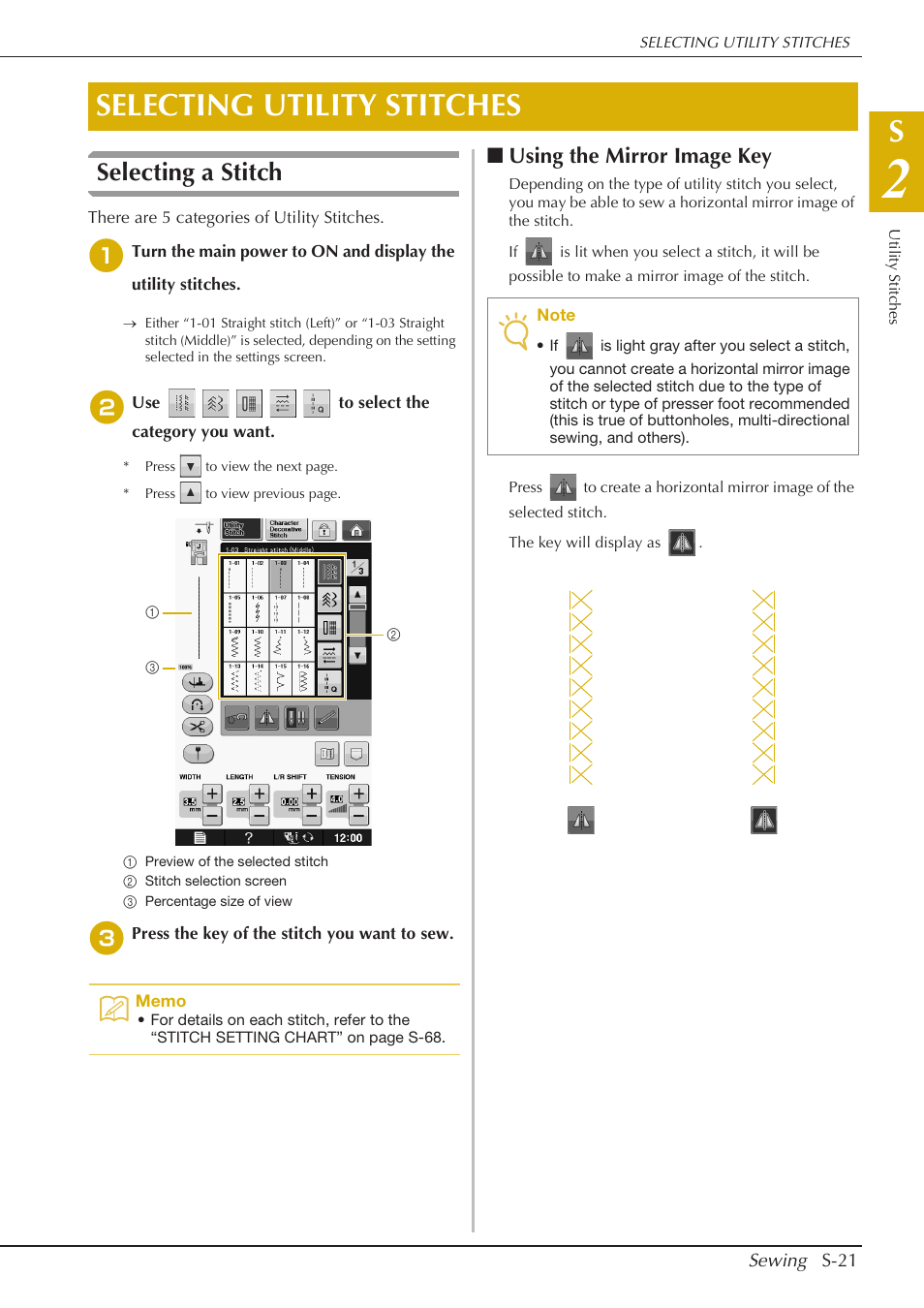 Selecting utility stitches, Selecting a stitch, Using the mirror image key | Baby Lock Crescendo (BLCR) Instruction and Reference Guide User Manual | Page 95 / 216