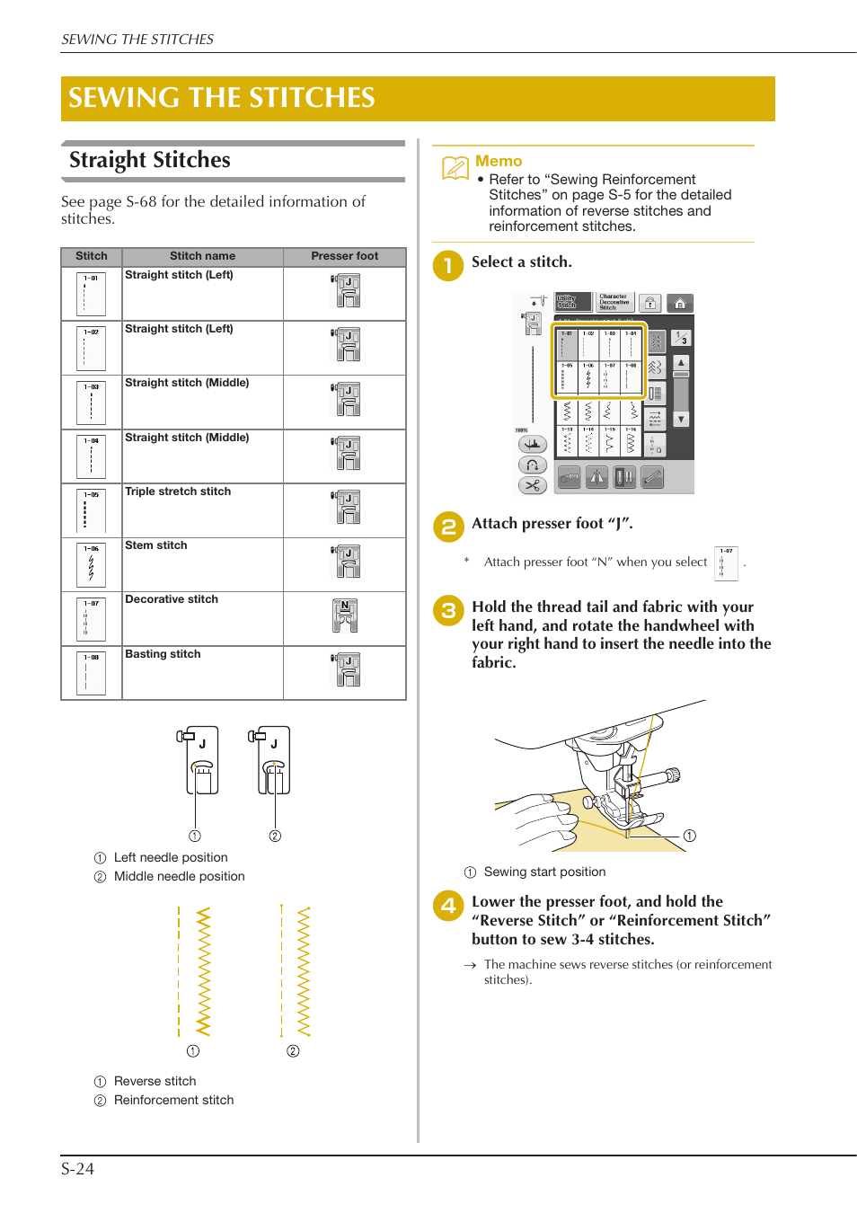 Sewing the stitches, Straight stitches, S-24 | Baby Lock Crescendo (BLCR) Instruction and Reference Guide User Manual | Page 98 / 216