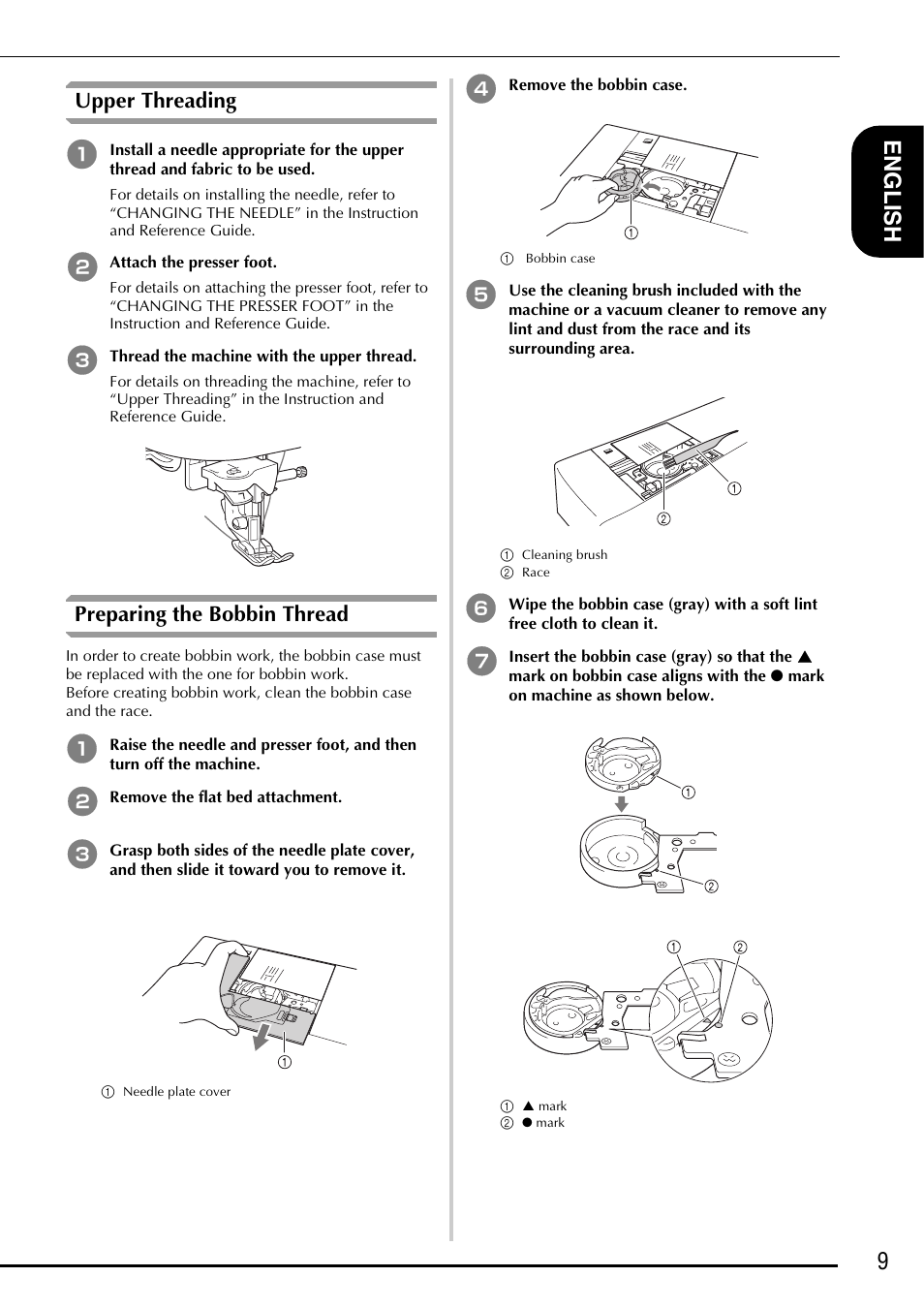 9e ngl is h, Upper threading, Preparing the bobbin thread | Baby Lock Symphony (BLSY) Instruction and Reference Guide Addendum User Manual | Page 11 / 56