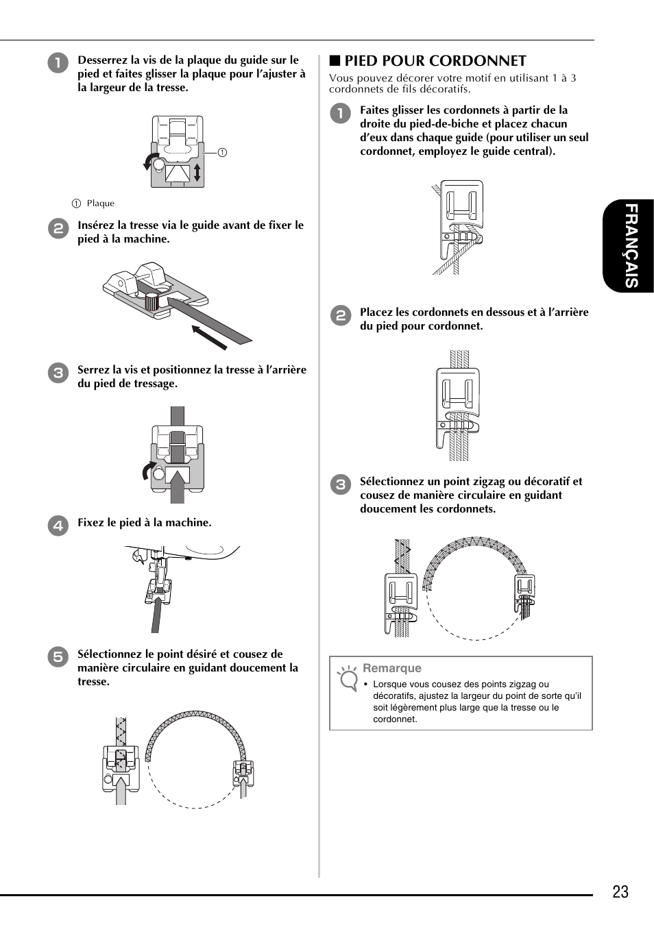 23 fra nçais, Pied pour cordonnet | Baby Lock Symphony (BLSY) Instruction and Reference Guide Addendum User Manual | Page 25 / 56