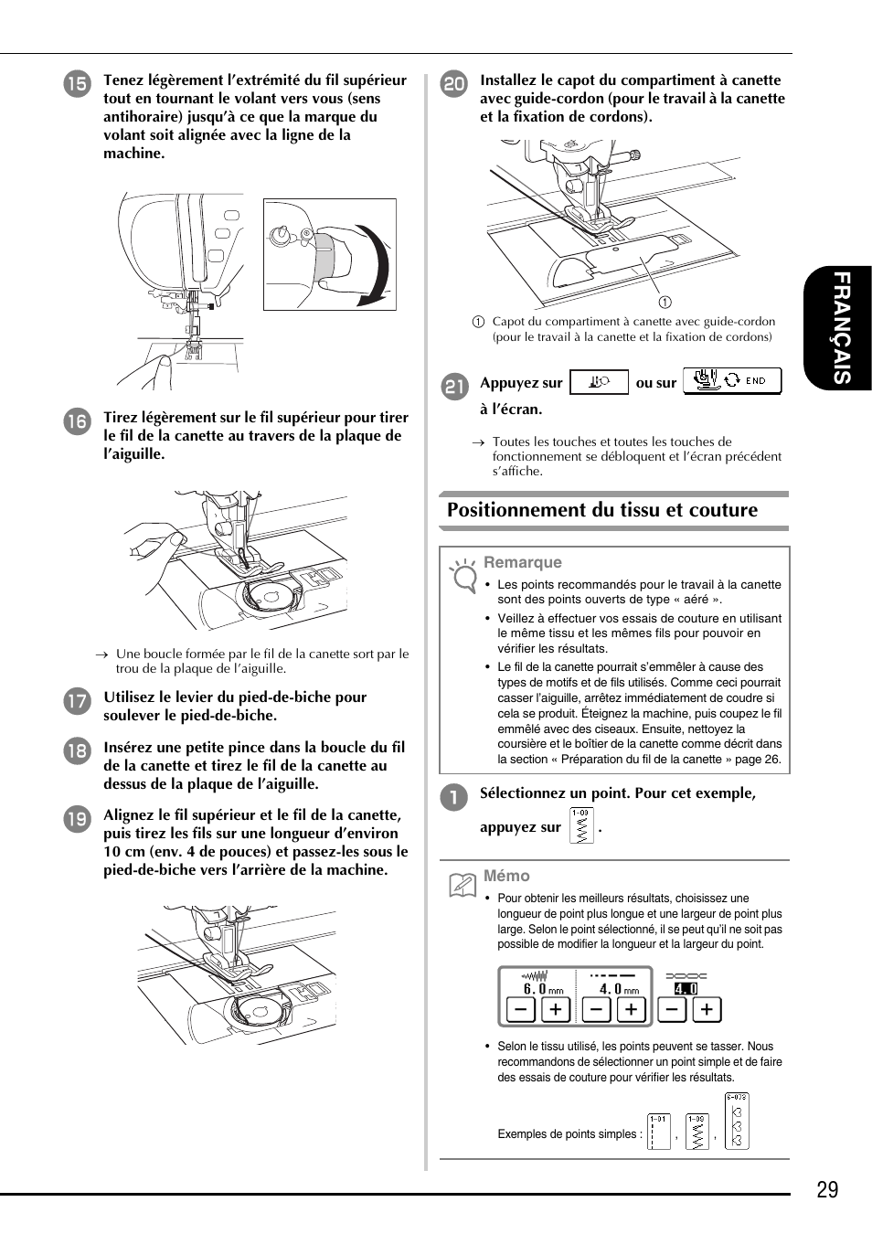 29 fra nçais, Positionnement du tissu et couture | Baby Lock Symphony (BLSY) Instruction and Reference Guide Addendum User Manual | Page 31 / 56