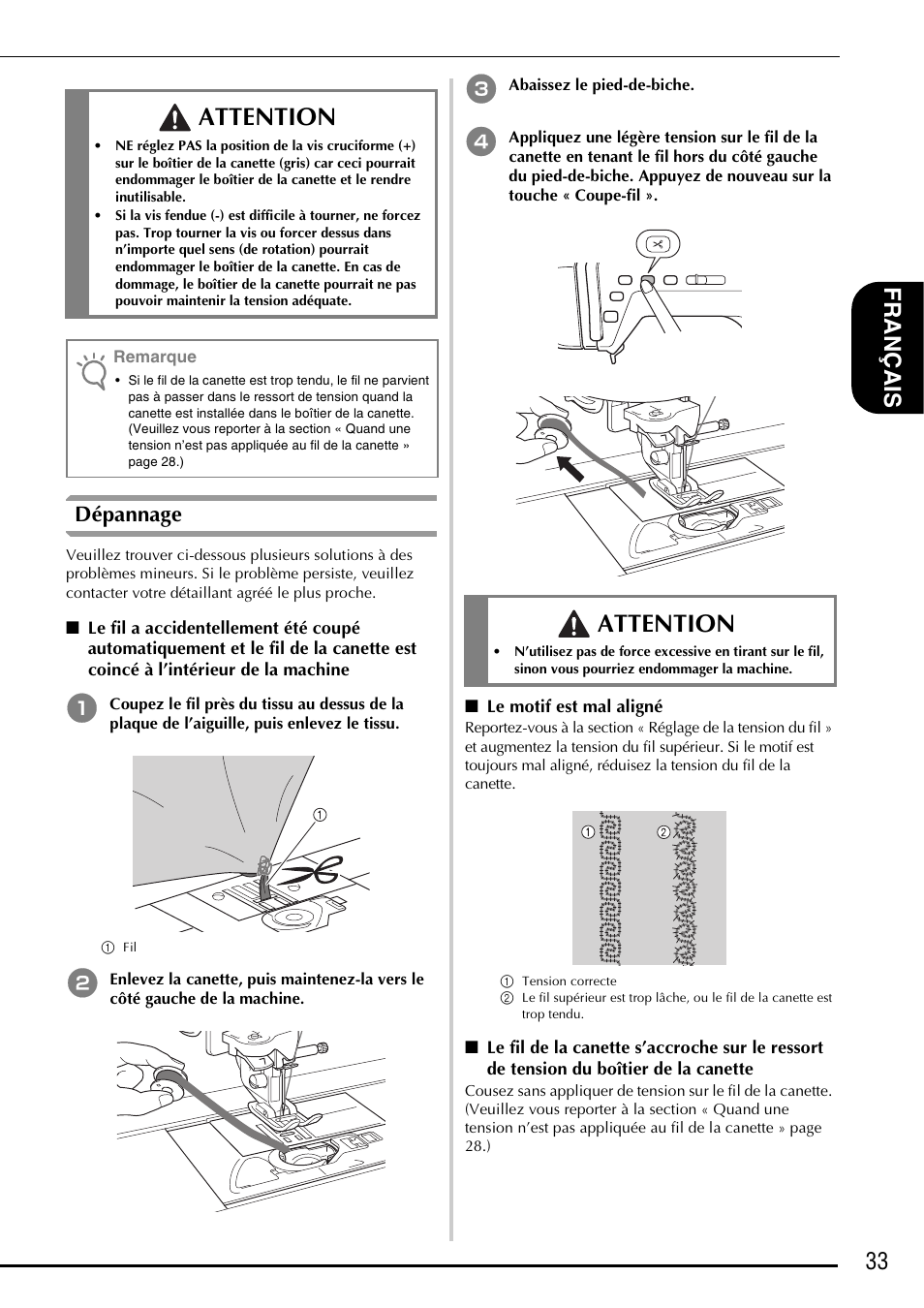 Attention, 33 fra nçais, Dépannage | Baby Lock Symphony (BLSY) Instruction and Reference Guide Addendum User Manual | Page 35 / 56