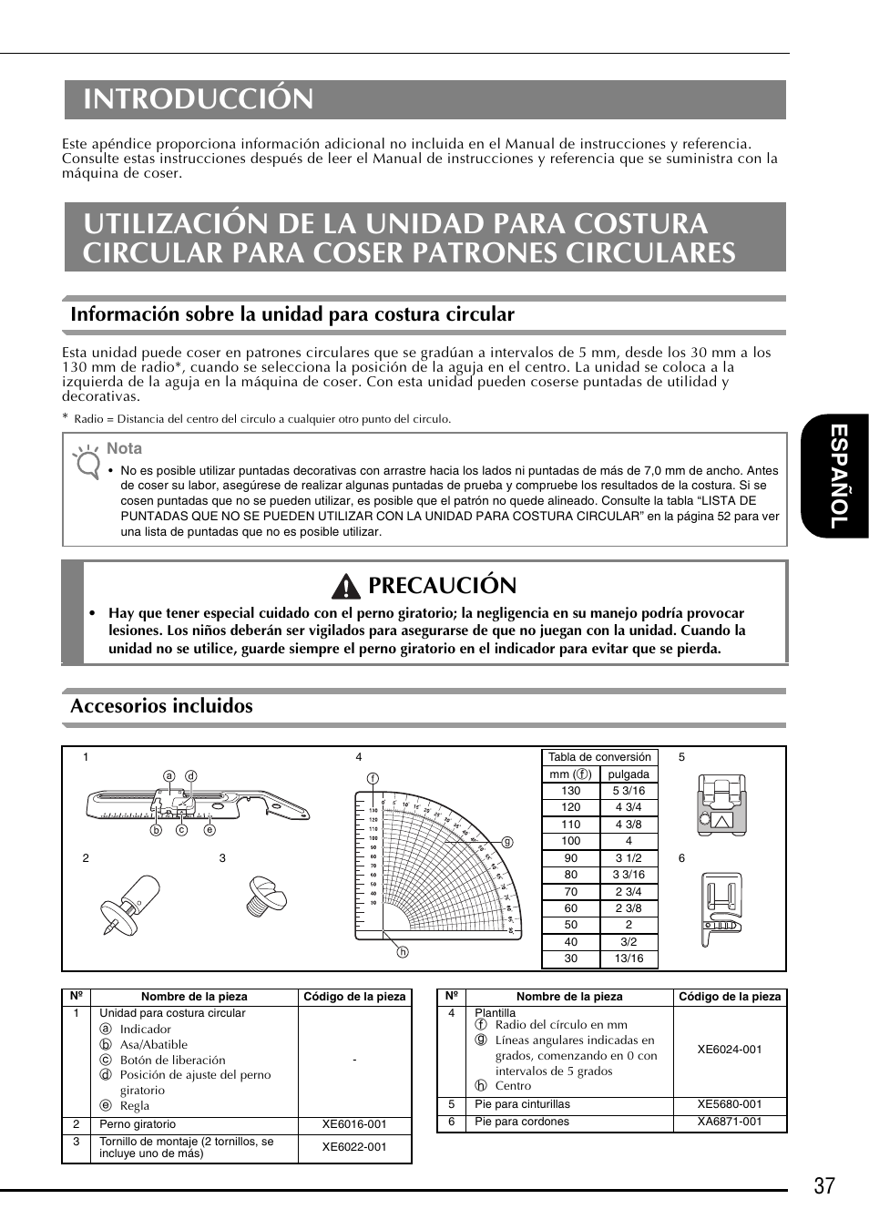 Introducción, Precaución, 37 es pañ o l | Información sobre la unidad para costura circular, Accesorios incluidos | Baby Lock Symphony (BLSY) Instruction and Reference Guide Addendum User Manual | Page 39 / 56