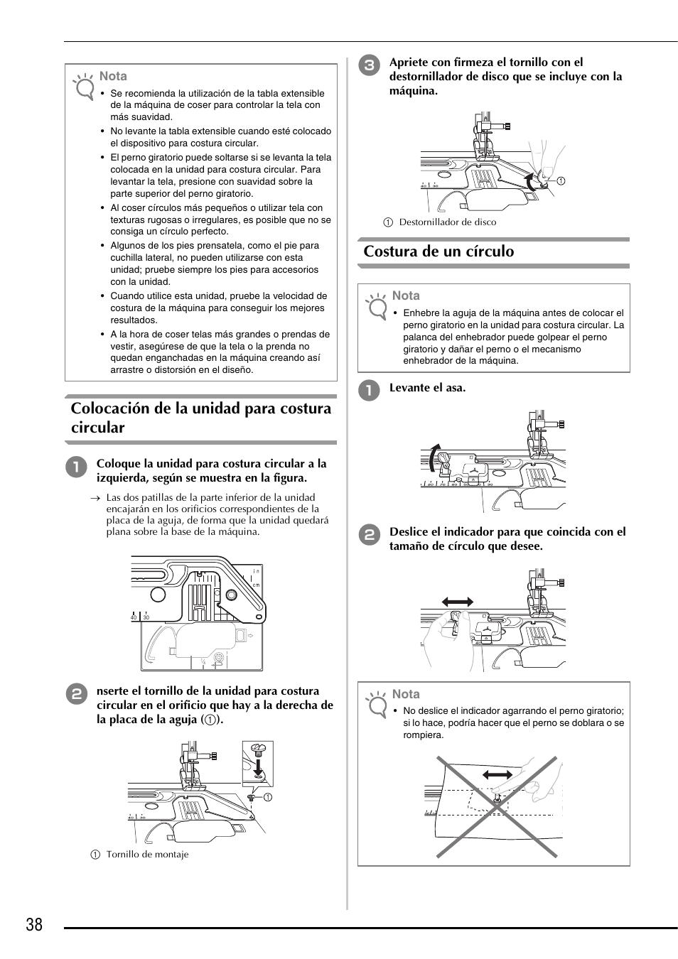 Colocación de la unidad para costura circular, Costura de un círculo | Baby Lock Symphony (BLSY) Instruction and Reference Guide Addendum User Manual | Page 40 / 56