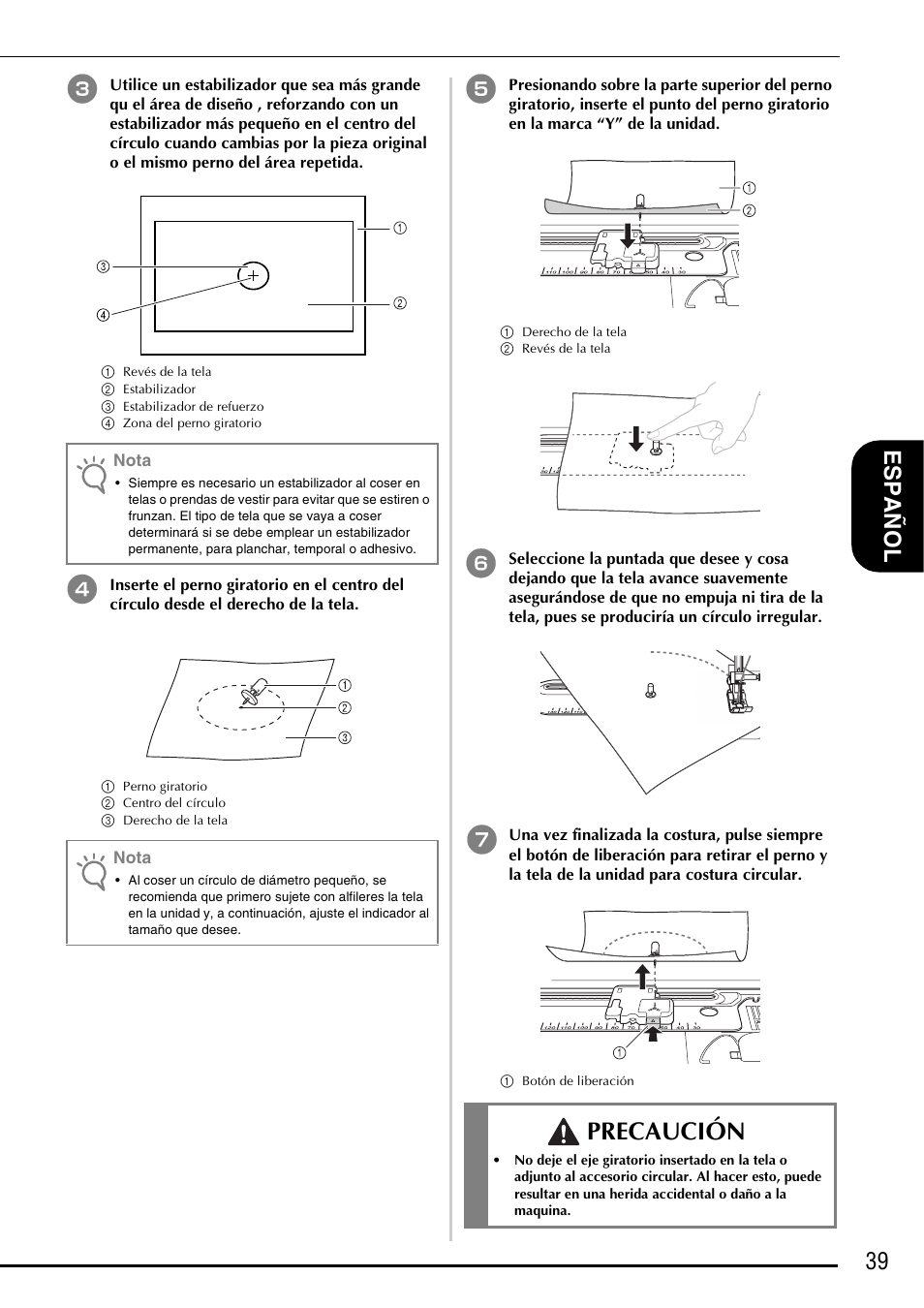 Precaución, 39 es pañ o l | Baby Lock Symphony (BLSY) Instruction and Reference Guide Addendum User Manual | Page 41 / 56
