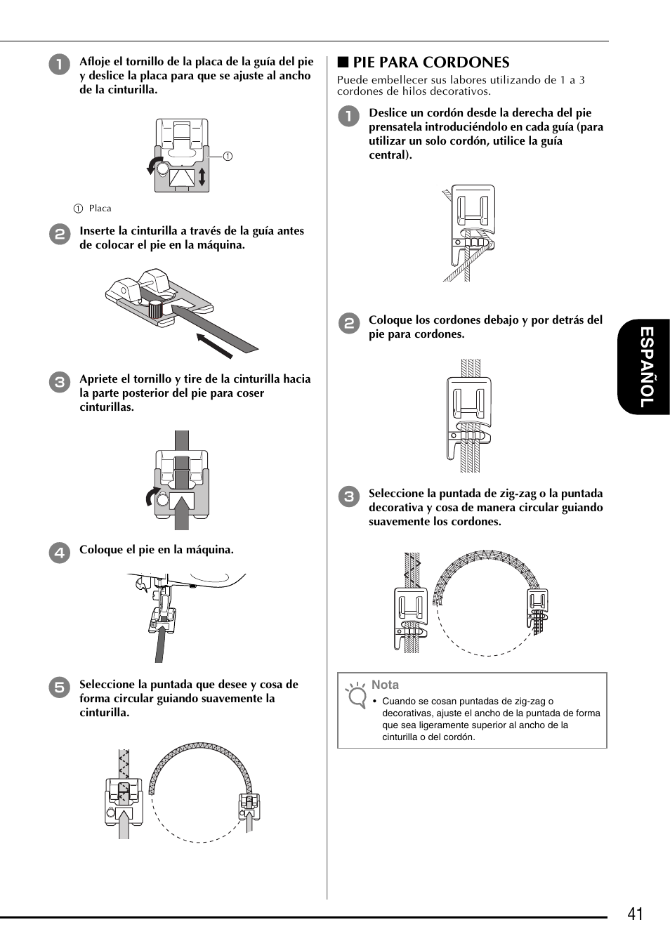 41 es pañ o l, Pie para cordones | Baby Lock Symphony (BLSY) Instruction and Reference Guide Addendum User Manual | Page 43 / 56