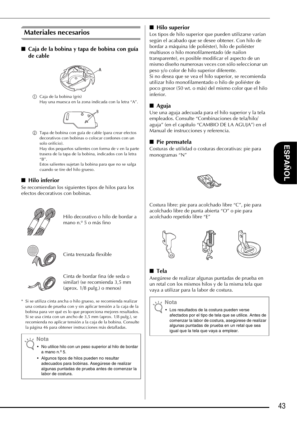 43 es pañ o l, Materiales necesarios | Baby Lock Symphony (BLSY) Instruction and Reference Guide Addendum User Manual | Page 45 / 56