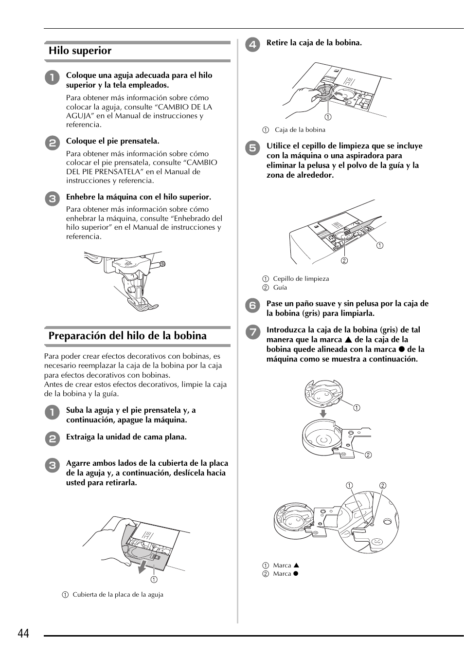 Hilo superior, Preparación del hilo de la bobina | Baby Lock Symphony (BLSY) Instruction and Reference Guide Addendum User Manual | Page 46 / 56