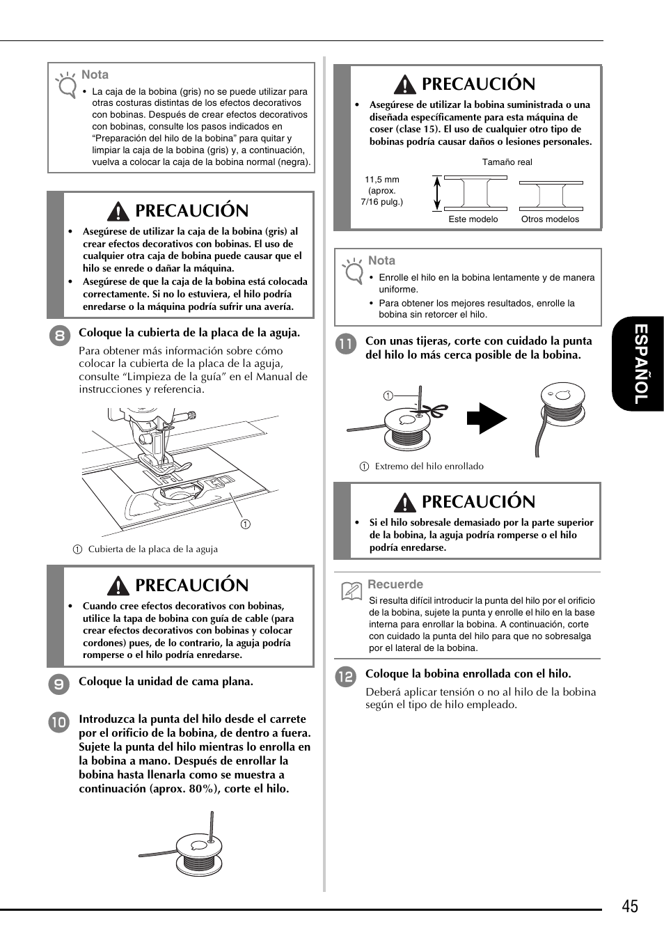 Precaución, 45 es pañ o l | Baby Lock Symphony (BLSY) Instruction and Reference Guide Addendum User Manual | Page 47 / 56