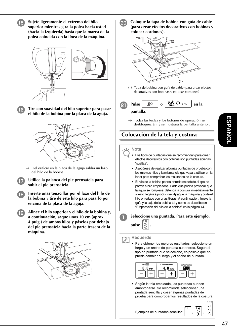 47 es pañ o l, Colocación de la tela y costura | Baby Lock Symphony (BLSY) Instruction and Reference Guide Addendum User Manual | Page 49 / 56