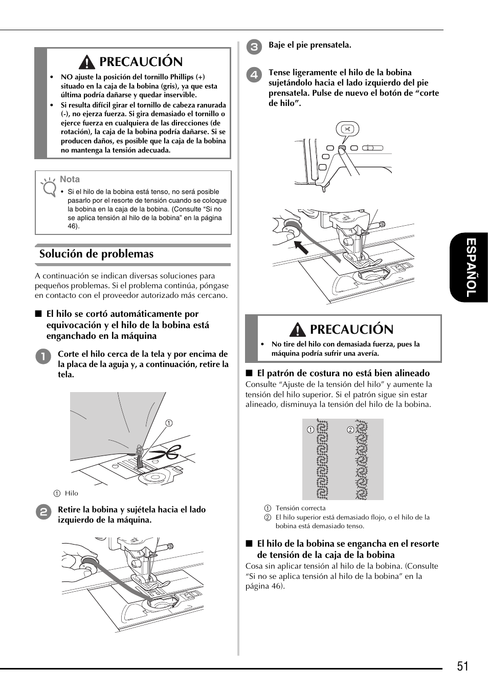Precaución, 51 es pañ o l, Solución de problemas | Baby Lock Symphony (BLSY) Instruction and Reference Guide Addendum User Manual | Page 53 / 56