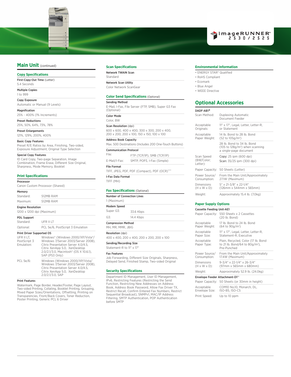 Main unit, Optional accessories | Canon IMAGERUNNER 2530 User Manual | Page 2 / 3