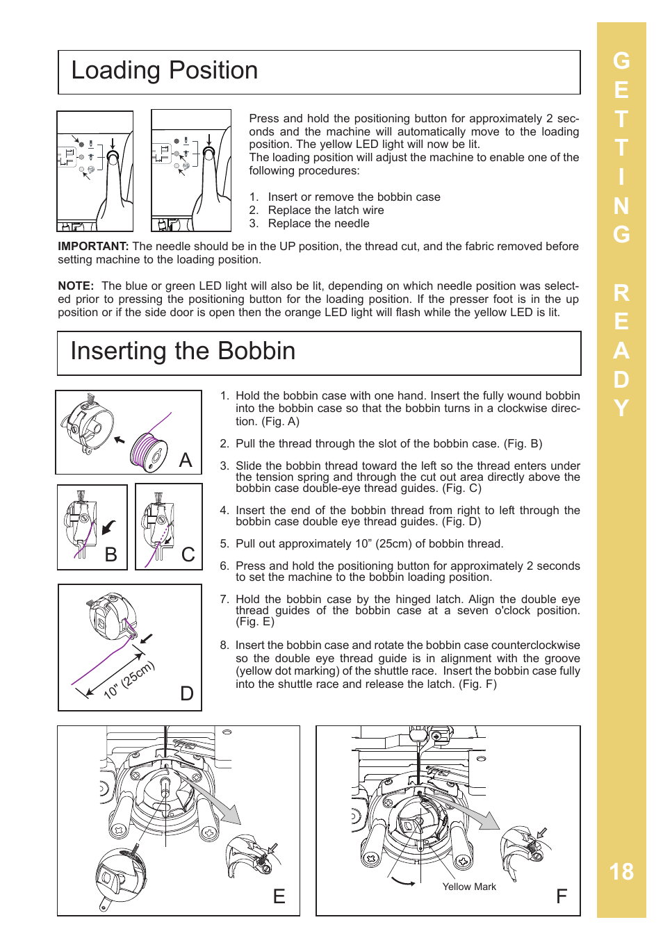 Loading position, Inserting the bobbin, Ab c d | Baby Lock Sashiko 2 (BLQK2) Instruction and Reference Guide User Manual | Page 19 / 42