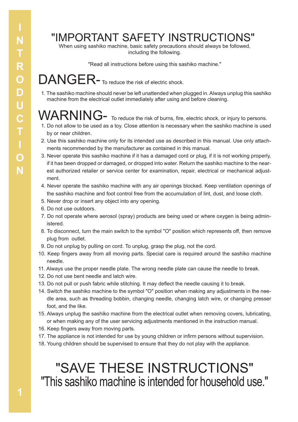 Danger, Warning, Important safety instructions | Baby Lock Sashiko 2 (BLQK2) Instruction and Reference Guide User Manual | Page 2 / 42