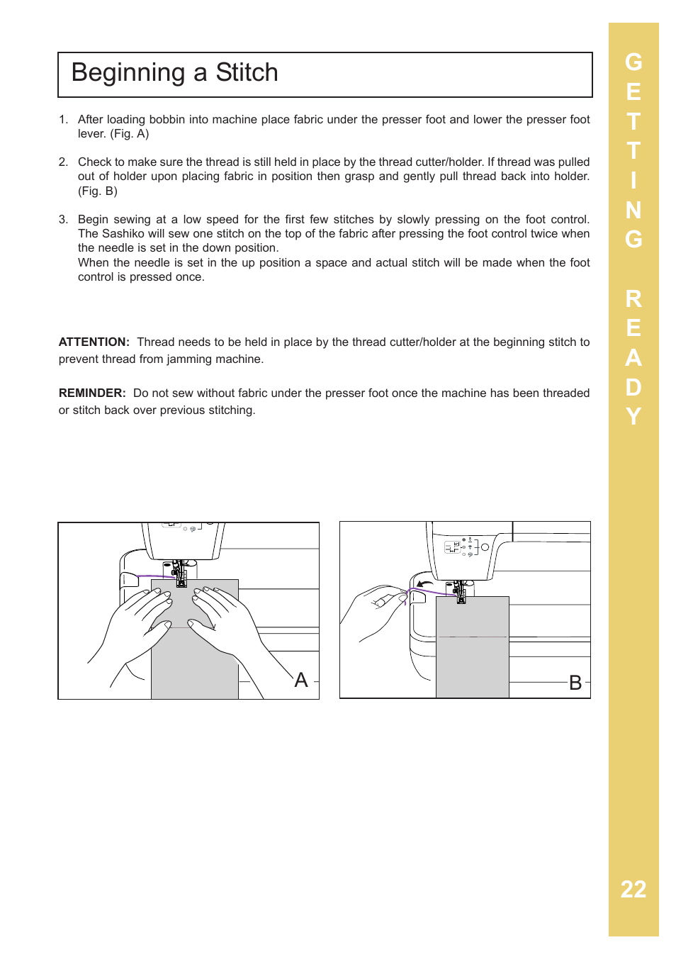 Beginning a stitch | Baby Lock Sashiko 2 (BLQK2) Instruction and Reference Guide User Manual | Page 23 / 42