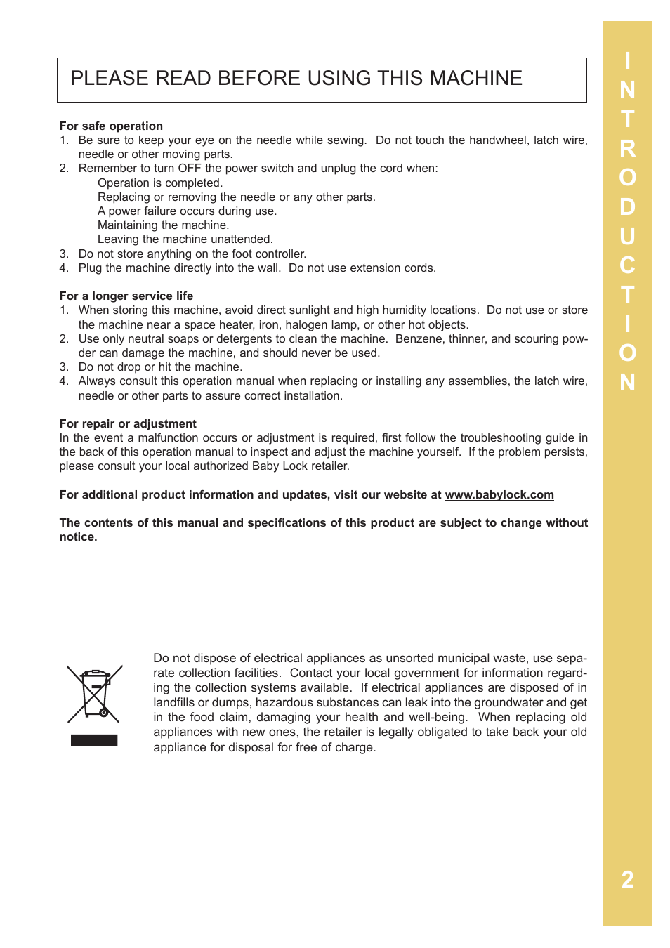 Please read before using this machine | Baby Lock Sashiko 2 (BLQK2) Instruction and Reference Guide User Manual | Page 3 / 42