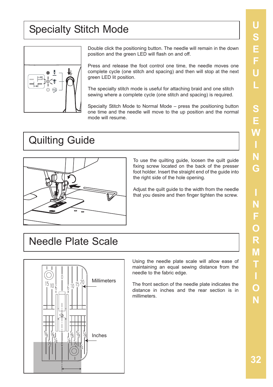 Quilting guide, Needle plate scale, Specialty stitch mode | Baby Lock Sashiko 2 (BLQK2) Instruction and Reference Guide User Manual | Page 33 / 42