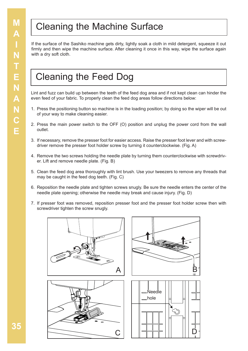 Cleaning the feed dog, Cleaning the machine surface, Cb d | Baby Lock Sashiko 2 (BLQK2) Instruction and Reference Guide User Manual | Page 36 / 42