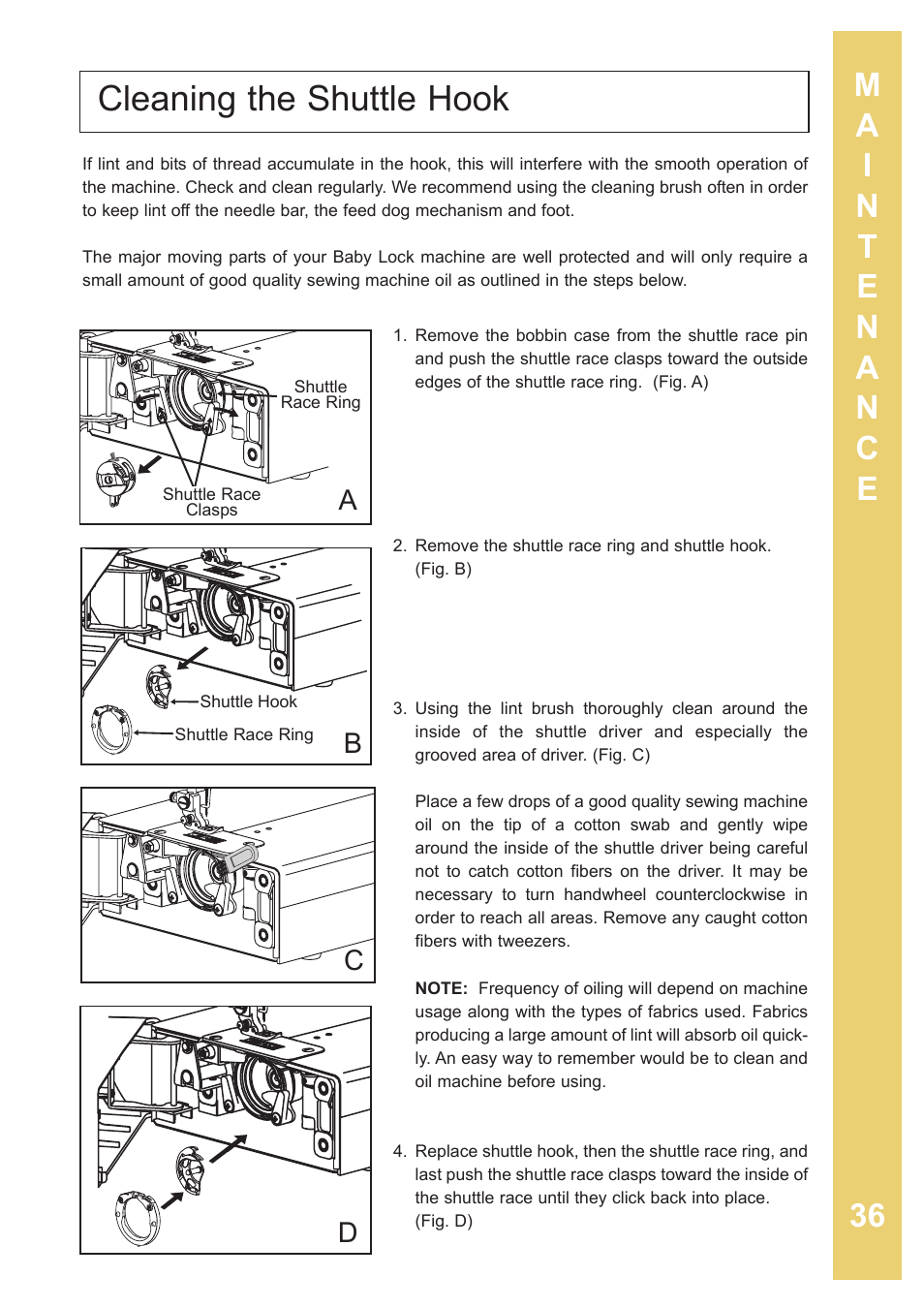 Cleaning the shuttle hook, Ab c | Baby Lock Sashiko 2 (BLQK2) Instruction and Reference Guide User Manual | Page 37 / 42