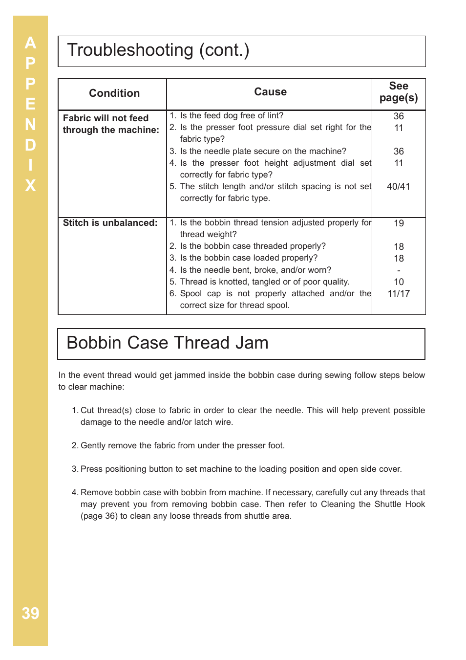 Troubleshooting (cont.), Bobbin case thread jam | Baby Lock Sashiko 2 (BLQK2) Instruction and Reference Guide User Manual | Page 40 / 42