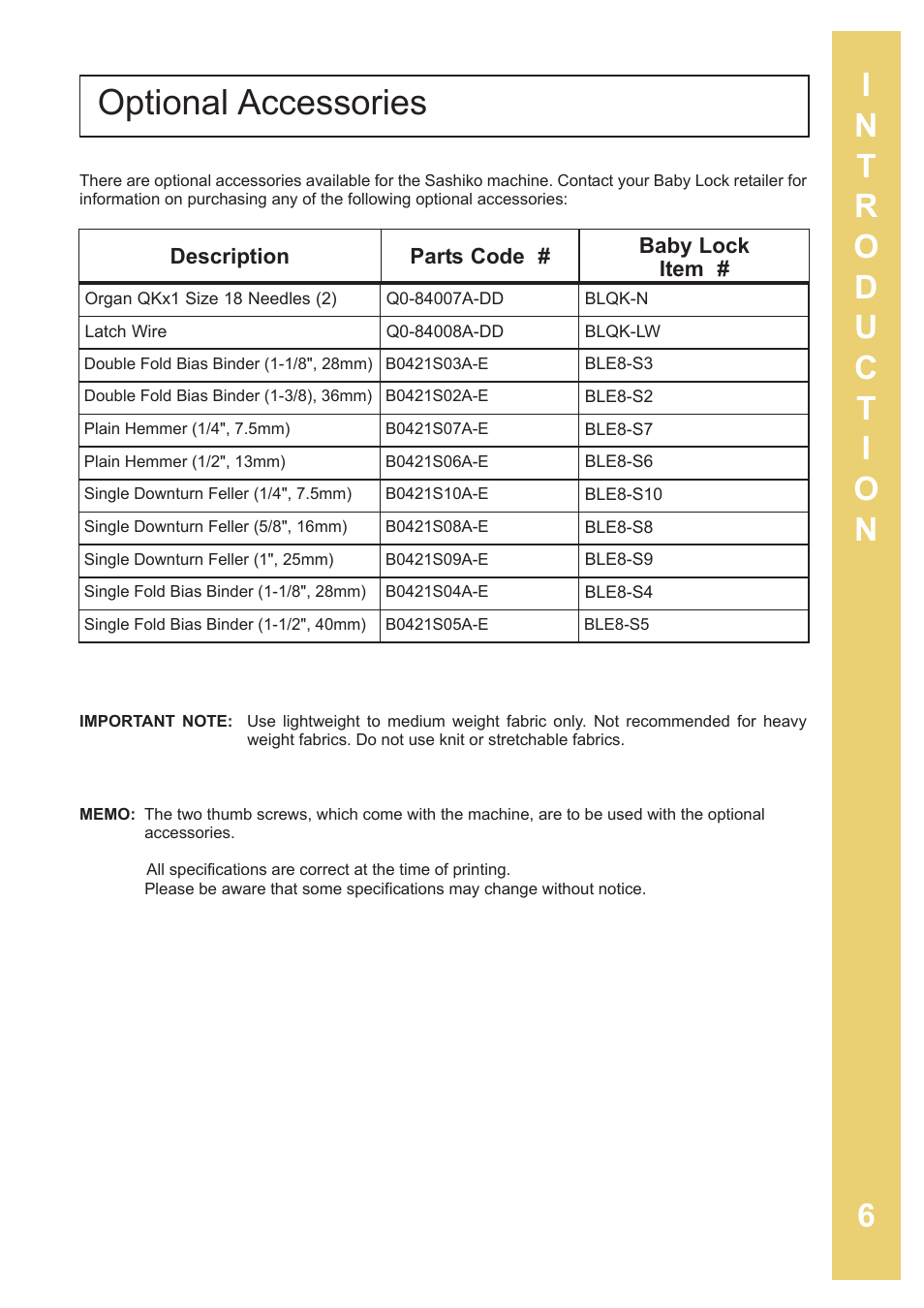 Optional accessories | Baby Lock Sashiko 2 (BLQK2) Instruction and Reference Guide User Manual | Page 7 / 42