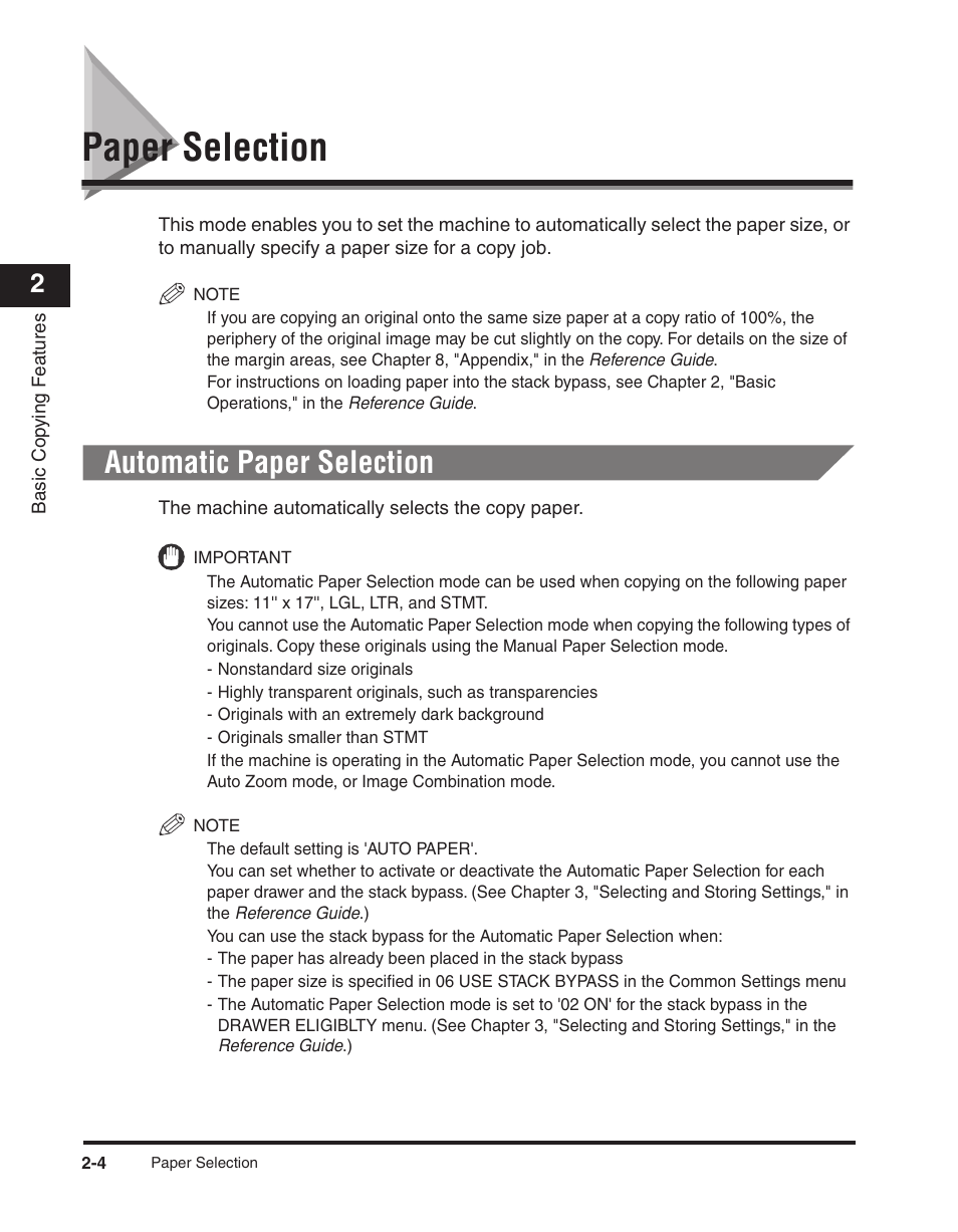 Paper selection, Automatic paper selection, Paper selection -4 | Automatic paper selection -4, See "paper selection," on p | Canon ImageCLASS 2300 User Manual | Page 35 / 104
