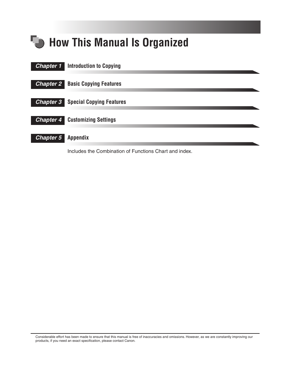 How this manual is organized, Chapter 1 introduction to copying, Chapter 2 basic copying features | Chapter 3 special copying features, Chapter 4 customizing settings, Chapter 5 appendix | Canon ImageCLASS 2300 User Manual | Page 4 / 104