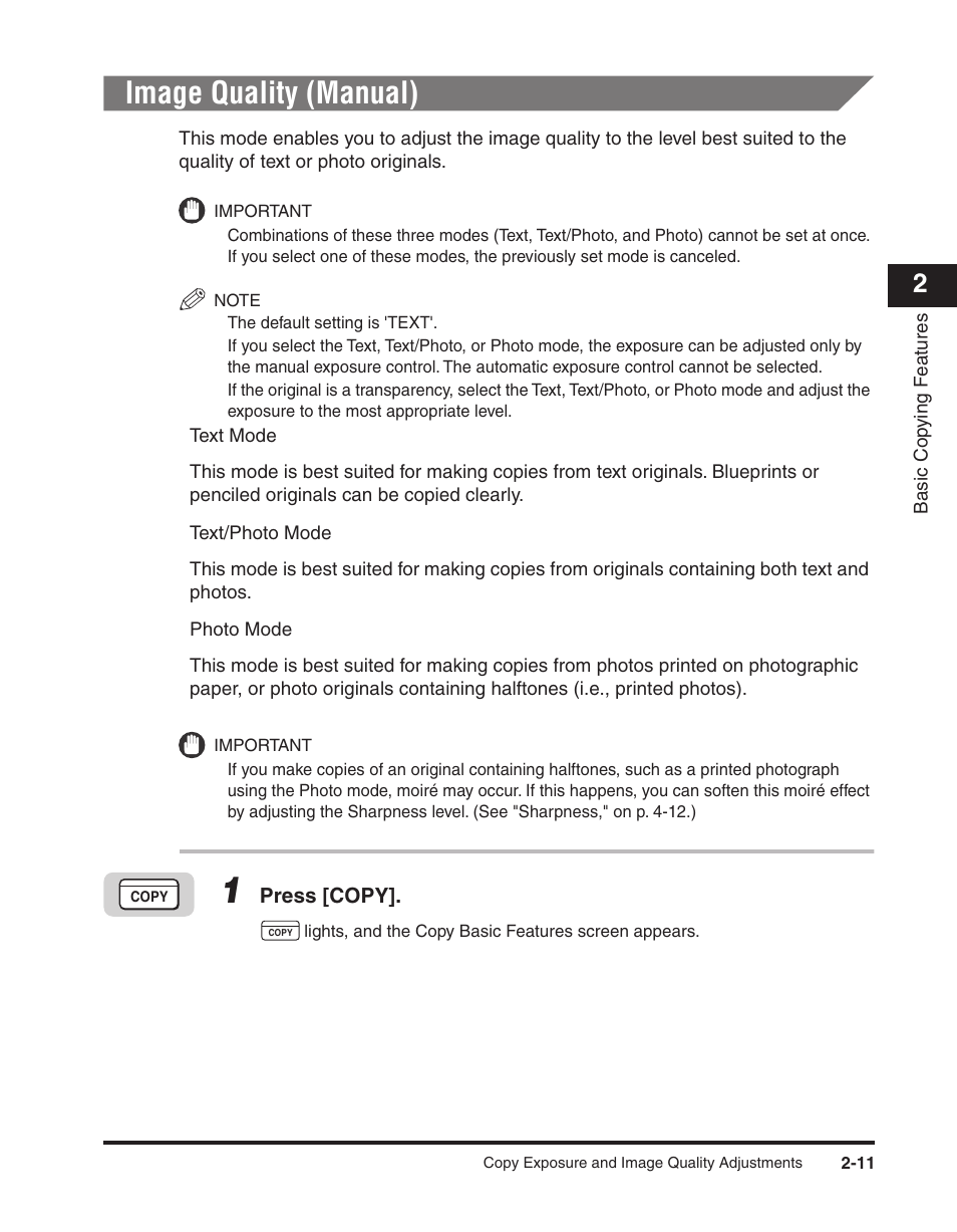 Image quality (manual), Image quality (manual) -11, Press [copy | Canon ImageCLASS 2300 User Manual | Page 42 / 104