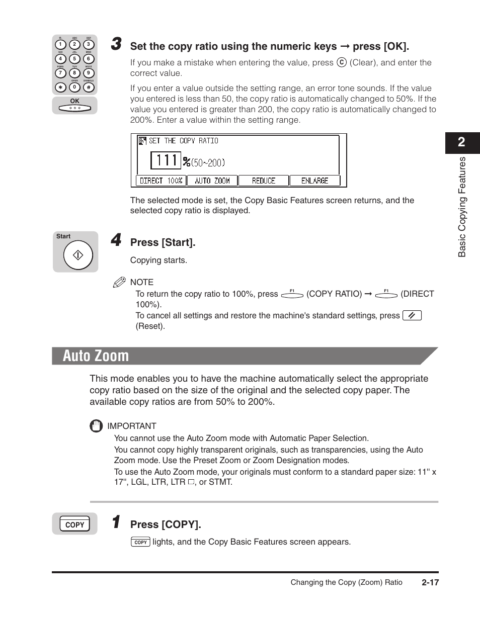 Auto zoom, Auto zoom -17, Press [start | Press [copy, Basic cop ying f eatures | Canon ImageCLASS 2300 User Manual | Page 48 / 104