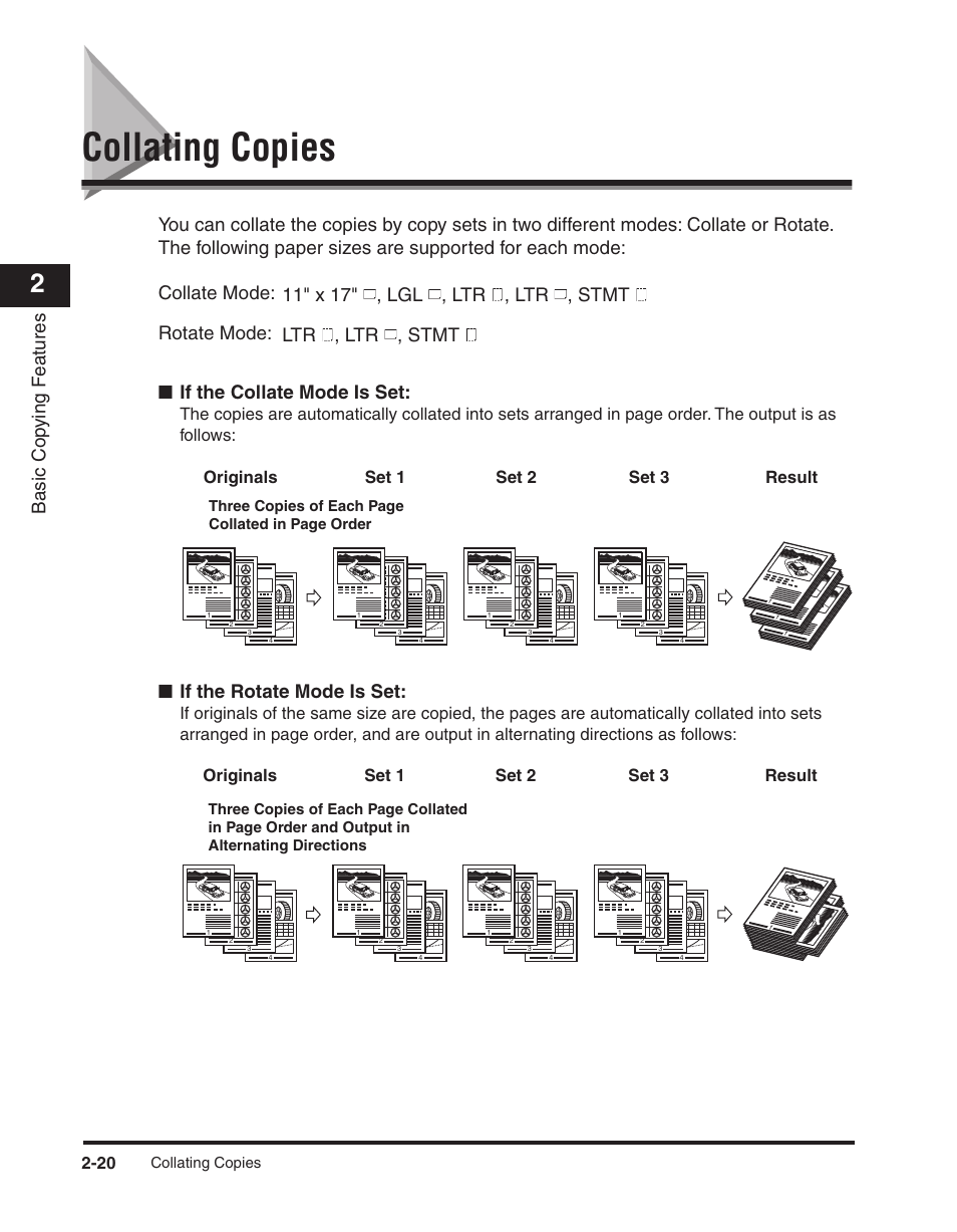 Collating copies, Collating copies -20, See "collating copies," on p | Basic cop ying f eatures, If the rotate mode is set, Originals set 2 set 3 result set 1 | Canon ImageCLASS 2300 User Manual | Page 51 / 104