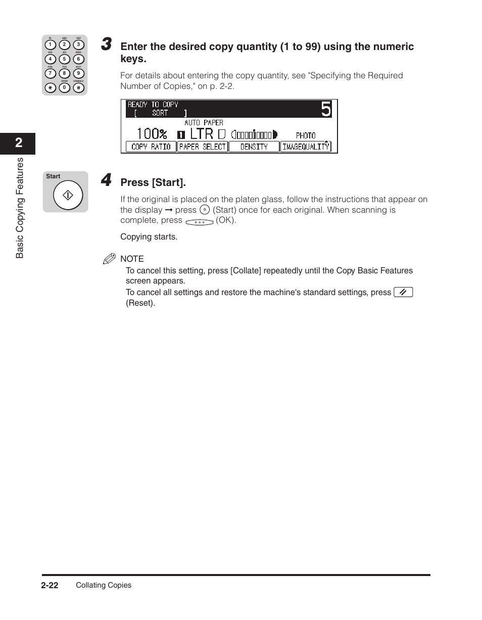 Proceed to step 3, Press [start, Basic cop ying f eatures | Canon ImageCLASS 2300 User Manual | Page 53 / 104