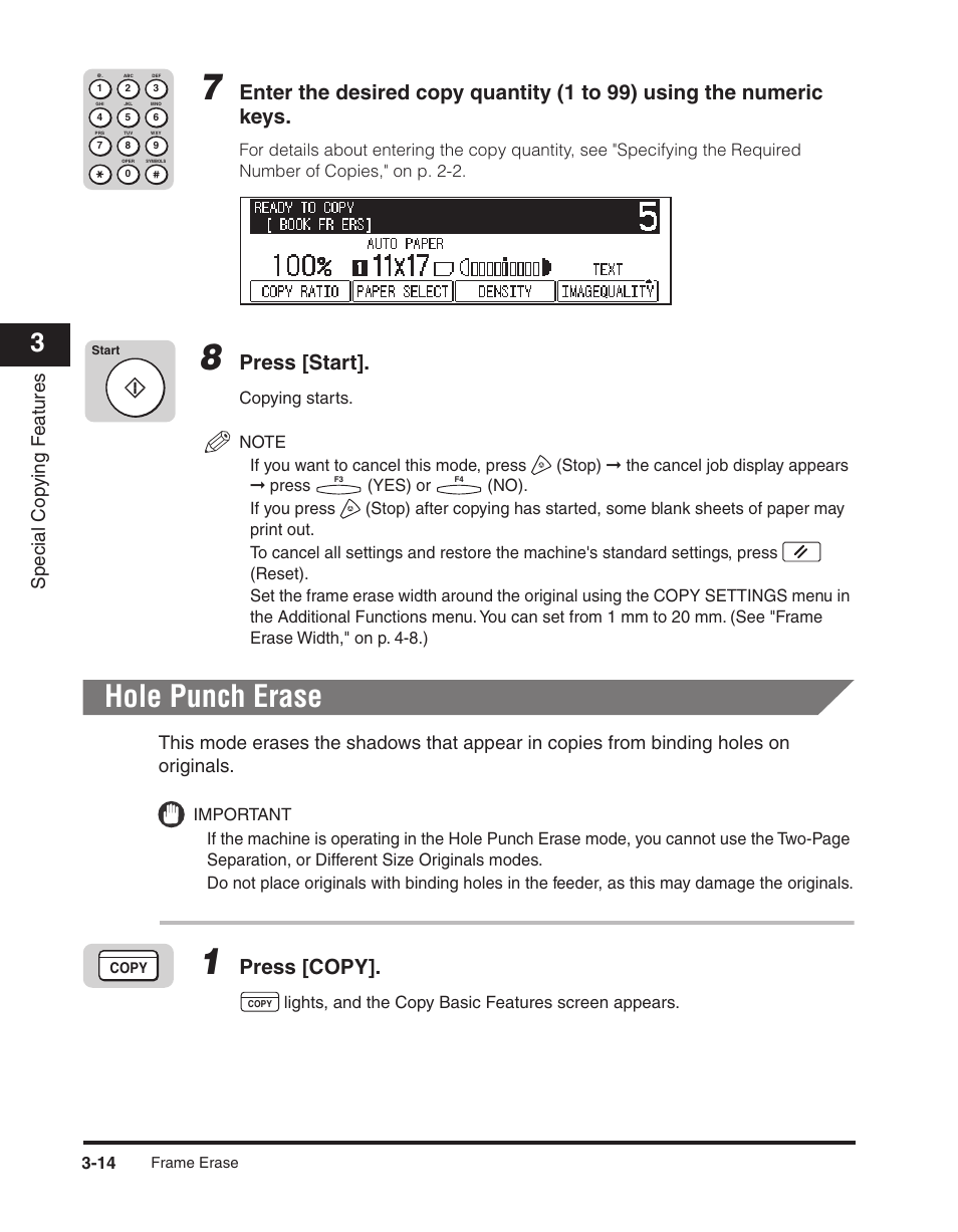 Hole punch erase, Hole punch erase -14, Press [start | Press [copy, Special cop ying f eatures | Canon ImageCLASS 2300 User Manual | Page 67 / 104