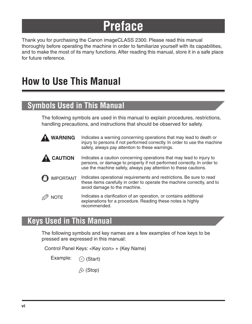 Preface, How to use this manual, Symbols used in this manual | Keys used in this manual | Canon ImageCLASS 2300 User Manual | Page 7 / 104