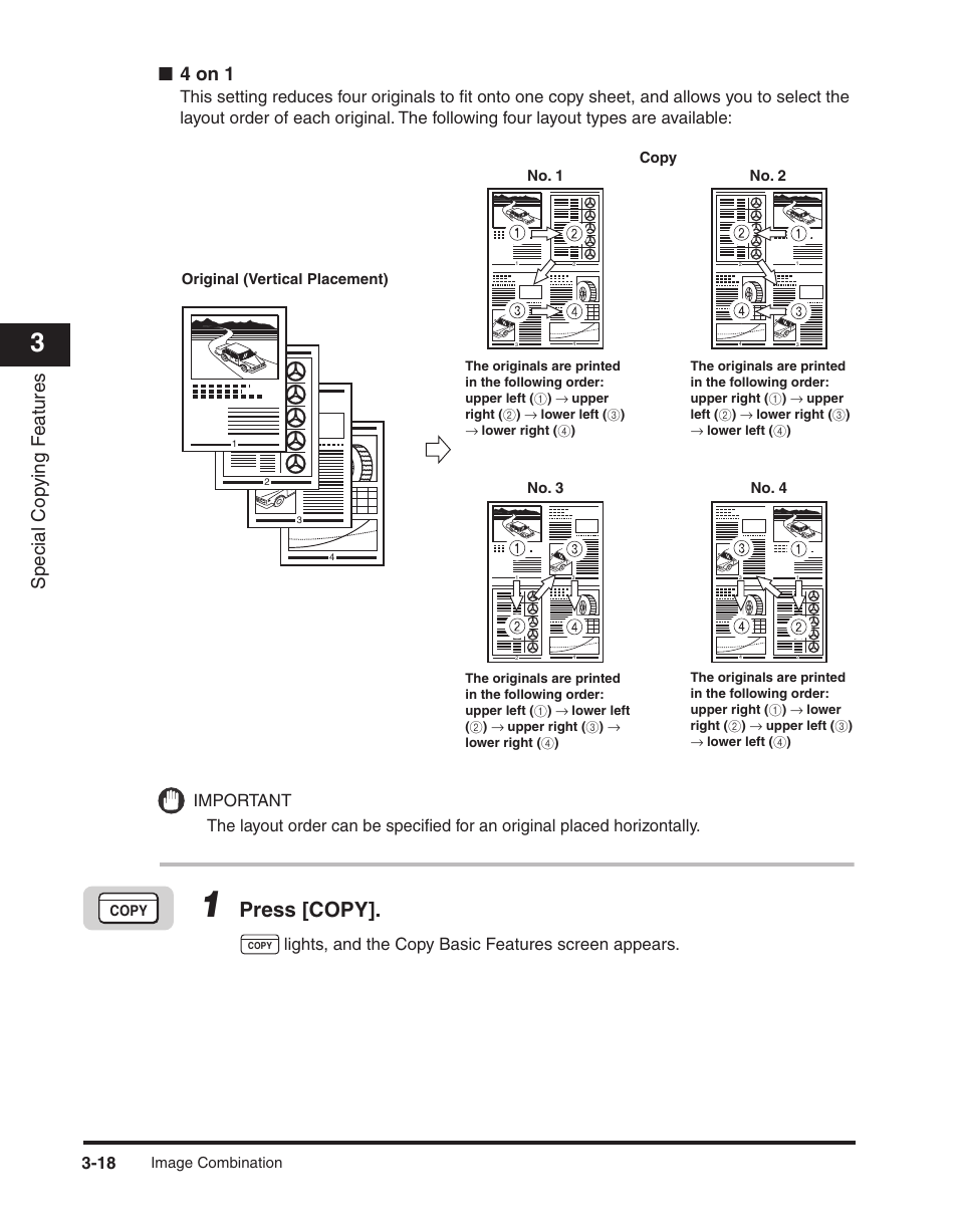 Press [copy, Special cop ying f eatures, 4 on 1 | Lights, and the copy basic features screen appears | Canon ImageCLASS 2300 User Manual | Page 71 / 104