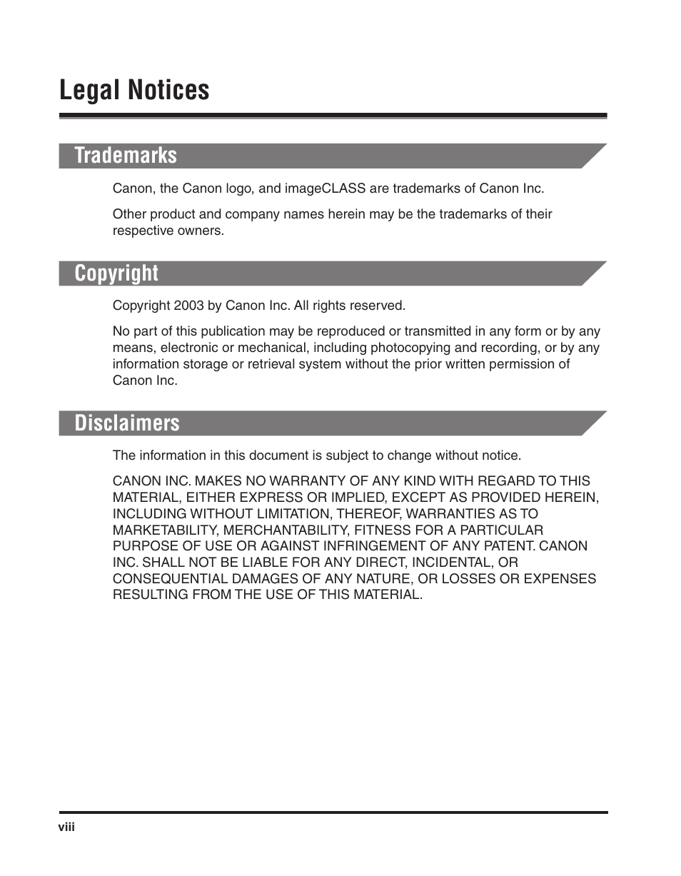 Legal notices, Trademarks, Copyright | Disclaimers | Canon ImageCLASS 2300 User Manual | Page 9 / 104