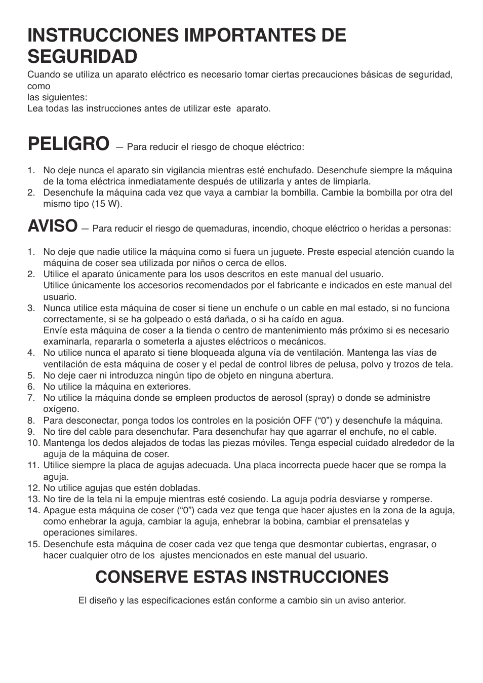 Instrucciones importantes de seguridad, Peligro, Aviso | Conserve estas instrucciones | Baby Lock BL9 (BL9) Instruction and Reference Guide User Manual | Page 3 / 56