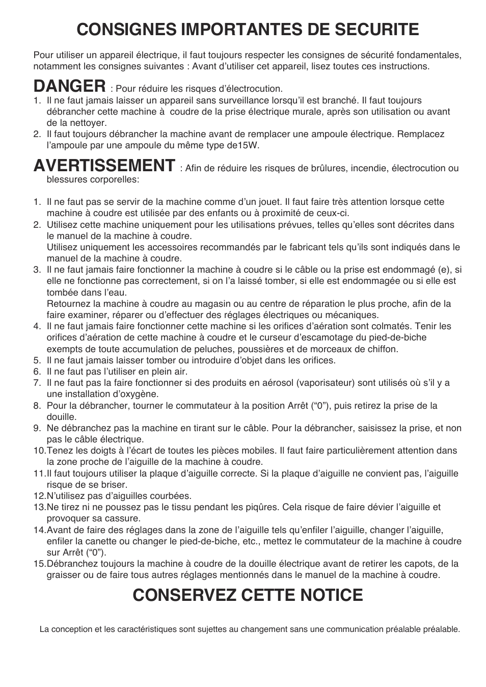 Consignes importantes de securite, Danger, Avertissement | Conservez cette notice | Baby Lock BL9 (BL9) Instruction and Reference Guide User Manual | Page 4 / 56