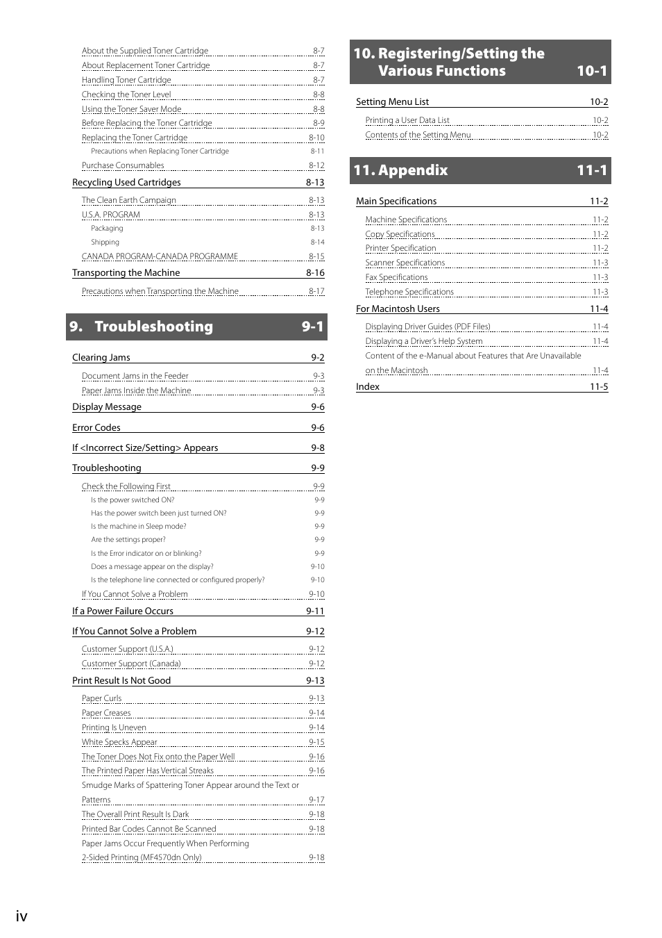 Troubleshooting 9-1, Registering/setting the various functions 10-1, Appendix 11-1 | Canon ImageCLASS MF4570DN User Manual | Page 10 / 164