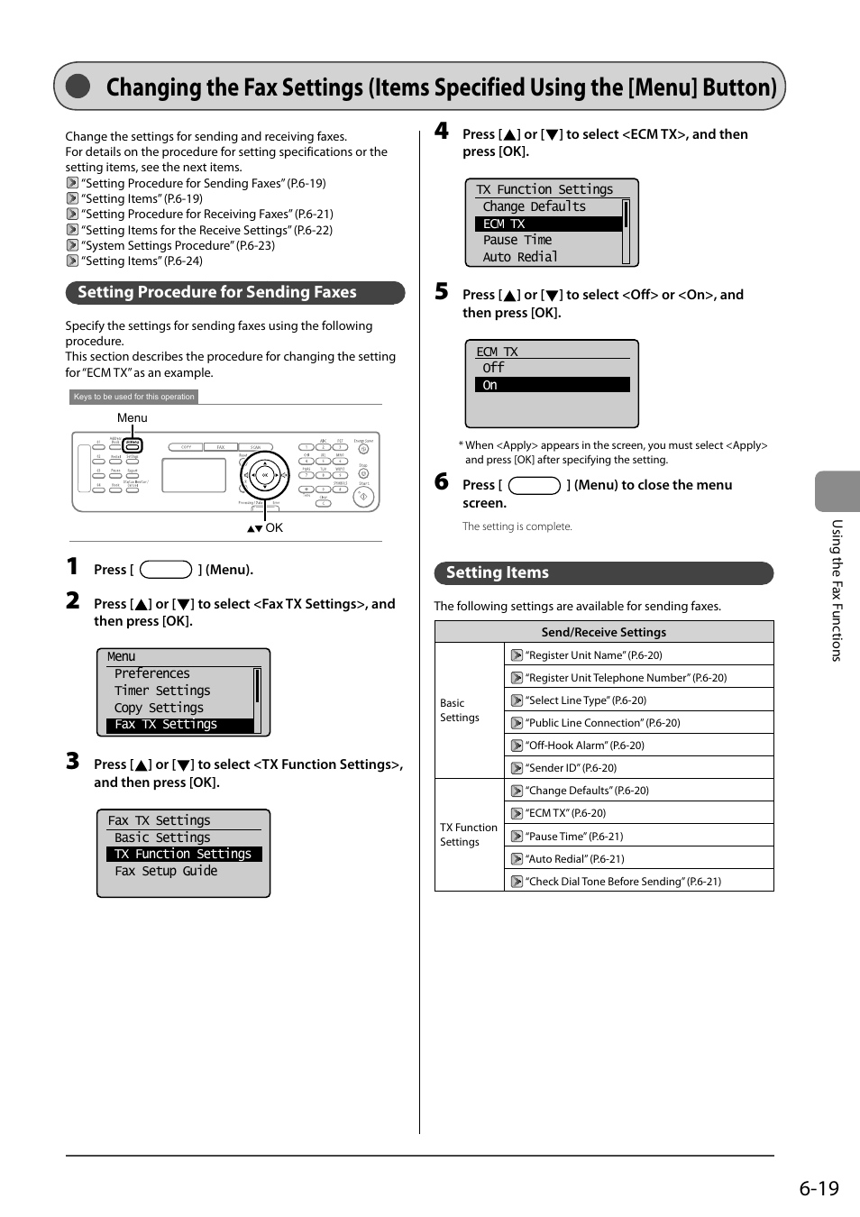 Setting procedure for sending faxes, Setting items, Menu] button) | Canon ImageCLASS MF4570DN User Manual | Page 103 / 164