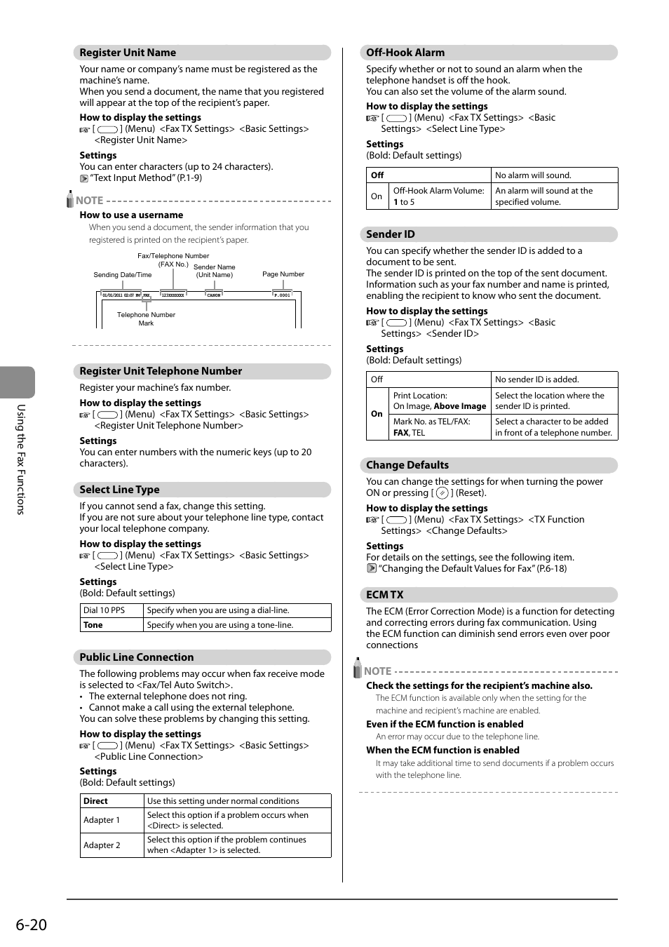 Register unit name, Register unit telephone number, Select line type | Public line connection, Off-hook alarm, Sender id, Change defaults, Ecm tx | Canon ImageCLASS MF4570DN User Manual | Page 104 / 164