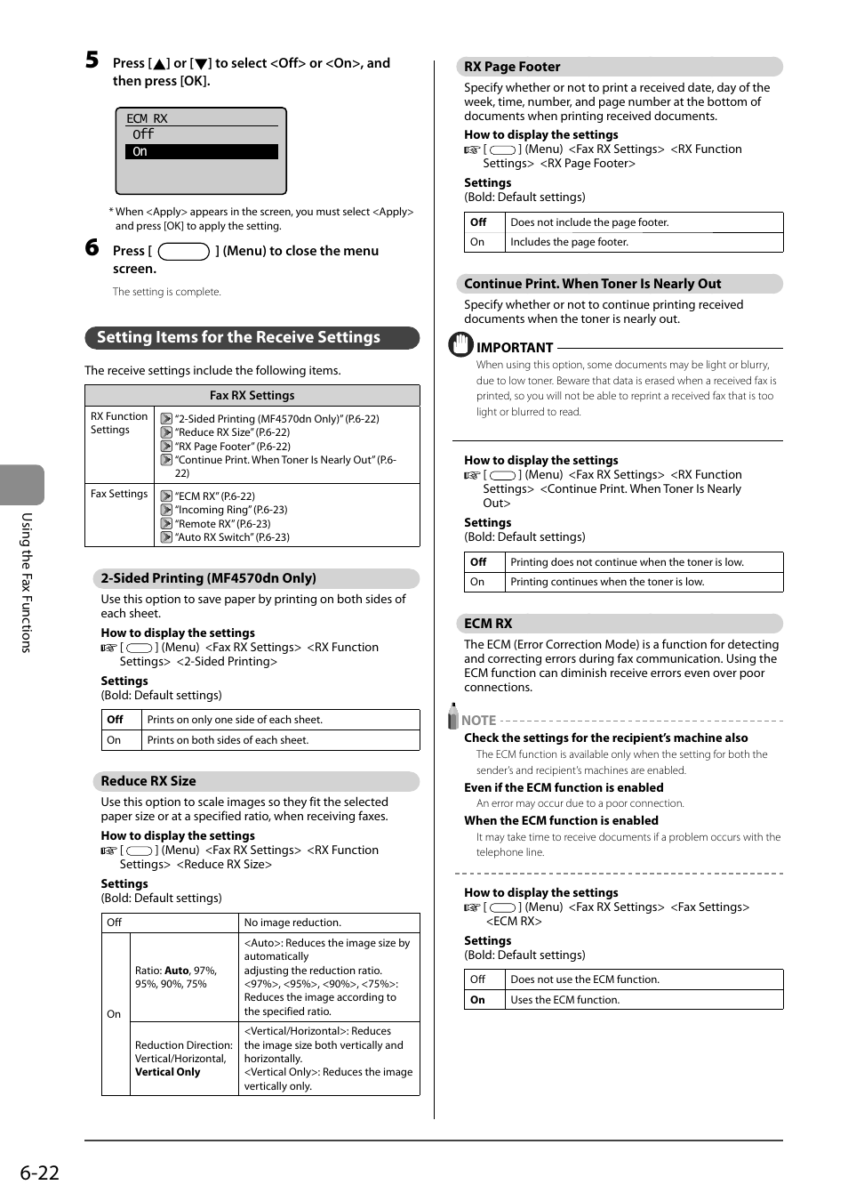 Setting items for the receive settings, Sided printing (mf4570dn only), Reduce rx size | Continue print. when toner is nearly out, Ecm rx | Canon ImageCLASS MF4570DN User Manual | Page 106 / 164