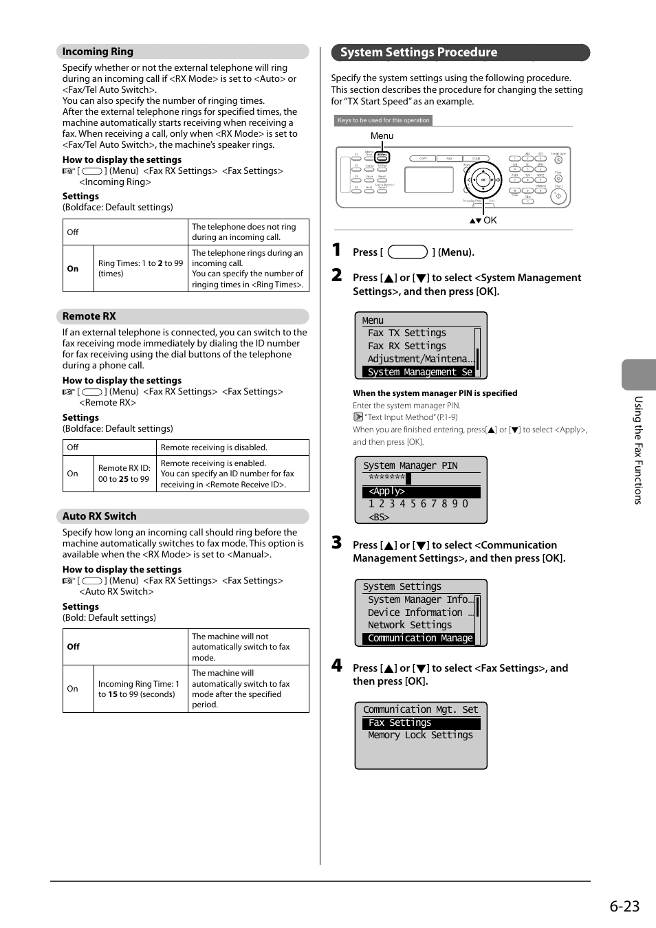 Incoming ring, Remote rx, Auto rx switch | System settings procedure | Canon ImageCLASS MF4570DN User Manual | Page 107 / 164