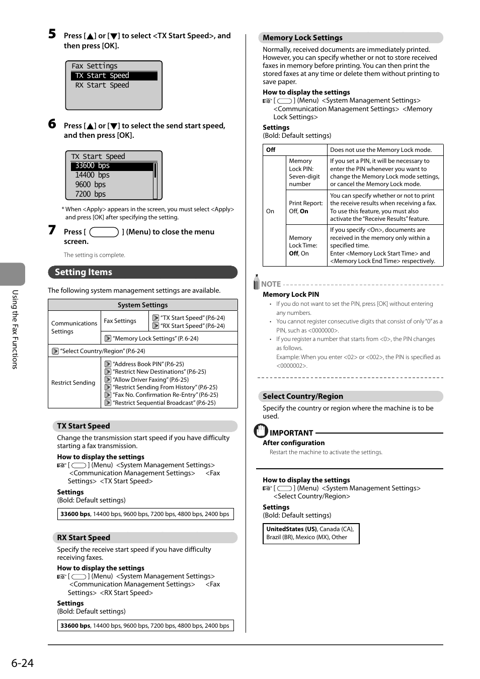 Setting items, Tx start speed, Rx start speed | Memory lock settings, Select country/region | Canon ImageCLASS MF4570DN User Manual | Page 108 / 164