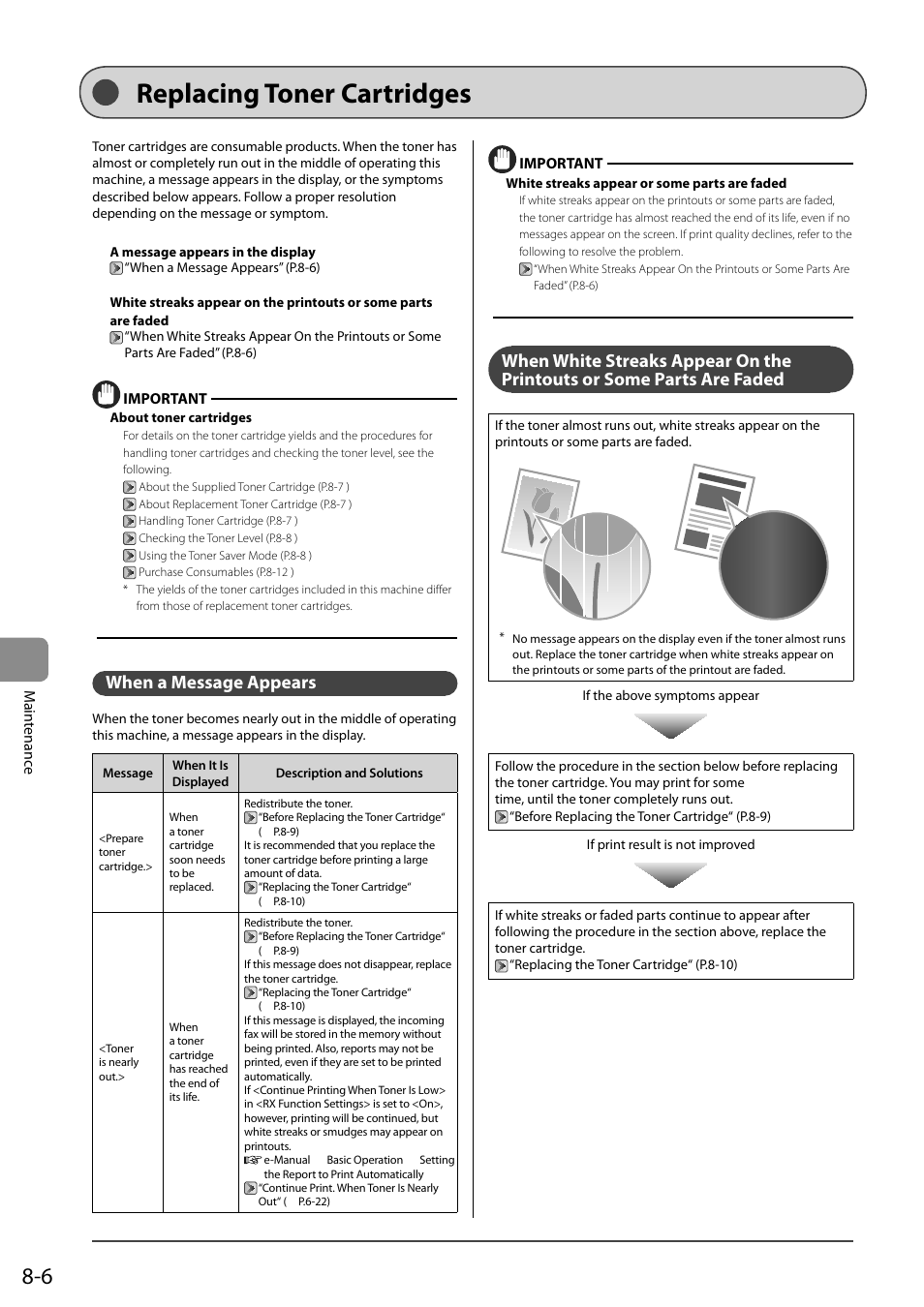 Replacing toner cartridges, When a message appears, Faded 8-6 | Canon ImageCLASS MF4570DN User Manual | Page 120 / 164