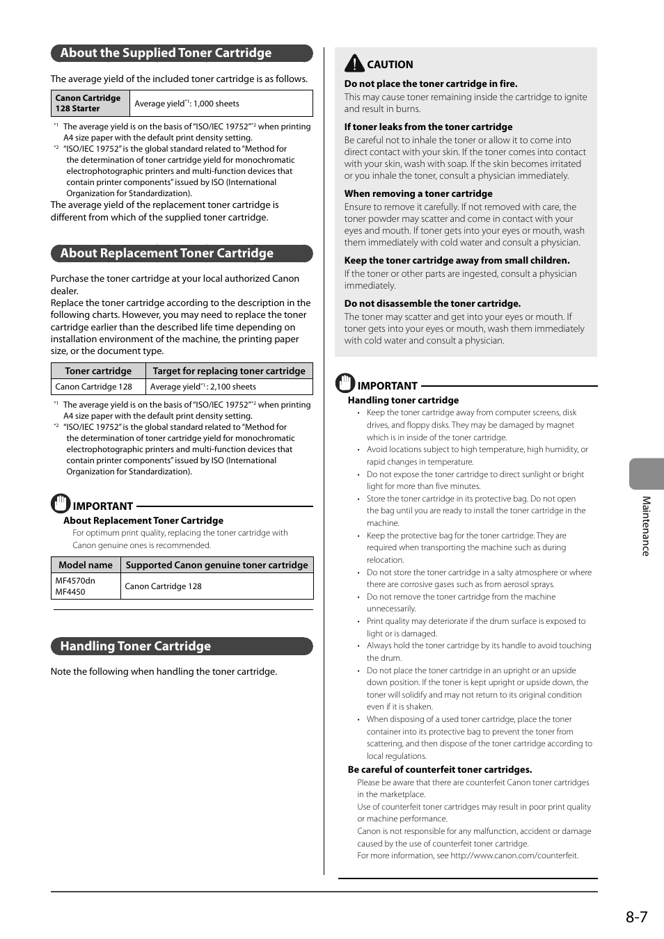 About the supplied toner cartridge, About replacement toner cartridge, Handling toner cartridge | Canon ImageCLASS MF4570DN User Manual | Page 121 / 164